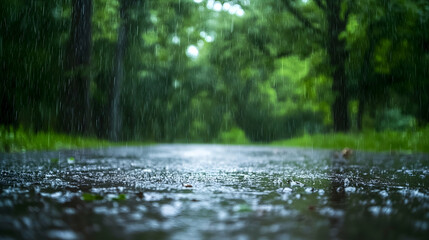 Fototapeta premium Rain falling on a path in a lush green forest. A tranquil and atmospheric scene perfect for mood and weather-related projects.
