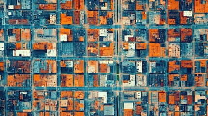 A colorful aerial geometric pattern created by urban planning, featuring roads and buildings in a grid layout