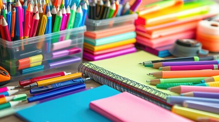 A colorful arrangement of office supplies, including pens, notebooks, and sticky notes, creating an inviting workspace