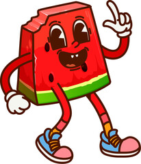 Groovy cartoon watermelon slice funny character. Summer fruit happy 60s 70s groovy vector character, delicious watermelon piece cheerful personage or fresh and juicy dessert cute mascot