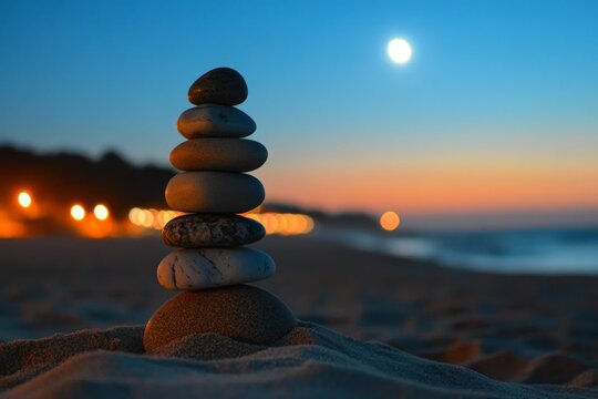 Sunset at the beach with a balanced stone tower and moonlit sky enhancing the tranquil atmosphere