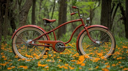 Fototapeta premium Vintage Red Cruiser Bicycle in a Spring Forest