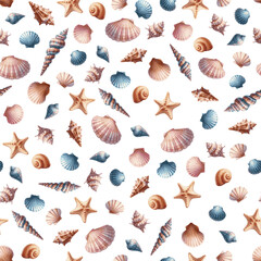 Beautiful pattern with watercolor painted sea shells, snails and starfish on white background