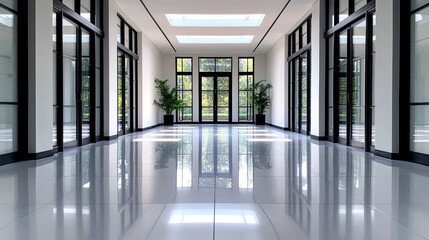 Fototapeta premium Modern Architecture: Luxurious Hallway Interior Design with Stunning Glass Doors and Skylights