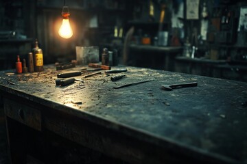 Workbench cluttered with tools and equipment in dimly lit workshop