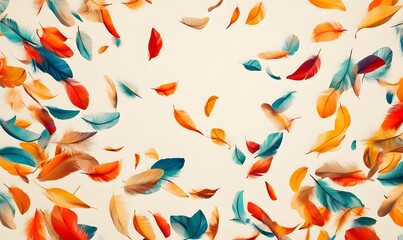 Fototapeta premium Colorful feathers falling on white background, design element