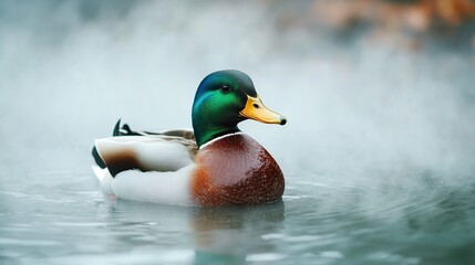 Male mallard duck swimming in misty water.
