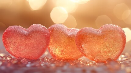 Fototapeta premium Three shimmering heart-shaped ice cubes glisten in soft light, surrounded by sparkling droplets, This image is perfect for themes of love, romance, or special occasions like Valentine's Day,