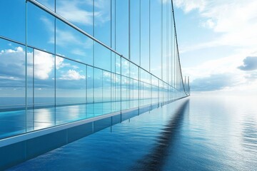 Obraz premium Modern glass bridge spanning calm waters under a vast blue sky with clouds