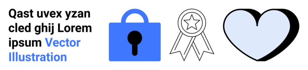 Security lock icon, award badge with star, and heart shape in minimalist style. Ideal for security themes, rewards programs, healthcare campaigns, educational content, digital services, user