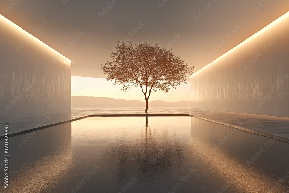 Aufkleber serene sunset view of a solitary tree reflecting on tranquil water in a minimalist architectural set
