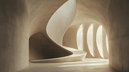 The background features with smooth lines and curves, creating a minimalist yet elegant atmosphere. 