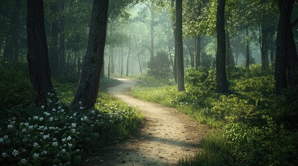 Fototapeta premium A dynamic image of a winding path through the woods, surrounded by tall trees and lush vegetation