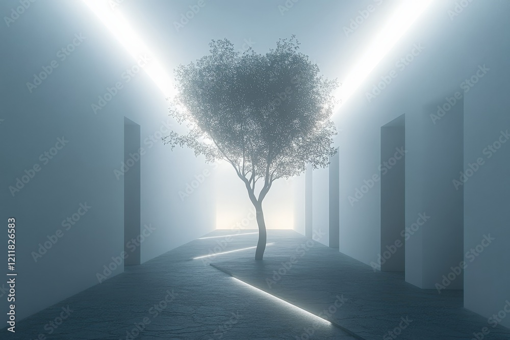 Poster futuristic corridor featuring a solitary tree and glowing light pathways in a misty environment