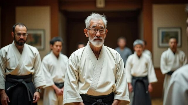 An elderly aikido master in a martial arts dojo surrounded by his students. Concept of a lifetime of skill, excellence and dedication.