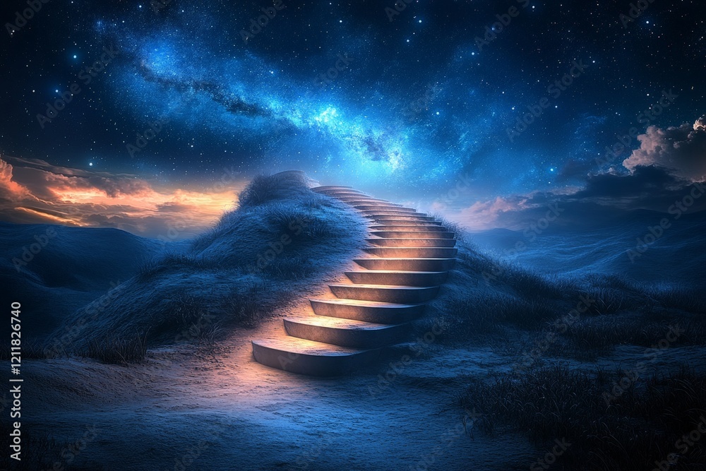 Aufkleber stairway illuminated under a starry sky leading to unknown realms in a serene night landscape