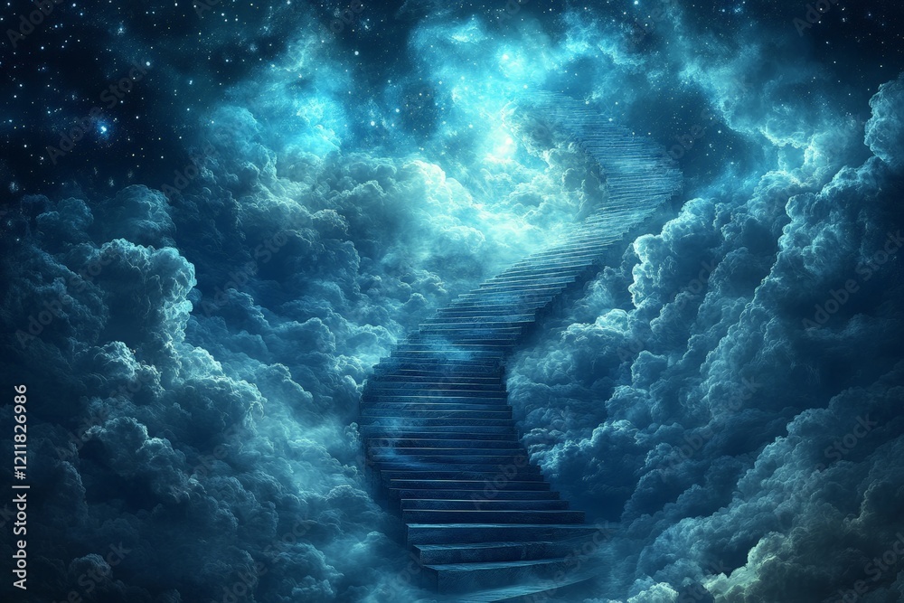 Poster mystical staircase leading through clouds under a starlit sky invites a journey to the unknown