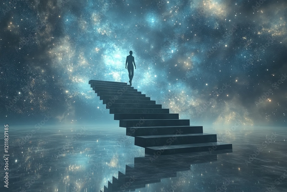 Poster a figure ascends a staircase into a cosmic realm filled with stars and nebulae, creating a surreal e