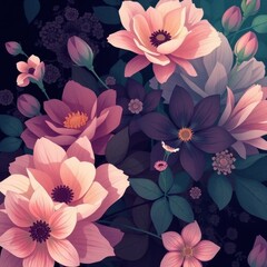 Captivating floral arrangement showcasing various blossoms in rich hues of pink and purple with a dark background