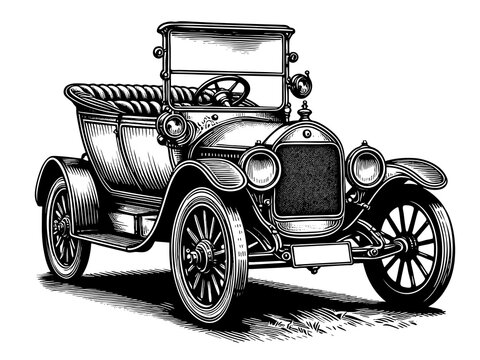 Naklejki classic retro car, showcasing its iconic design and timeless appeal in black and white sketch engraving generative ai PNG illustration. Scratch board imitation. Black and white image.