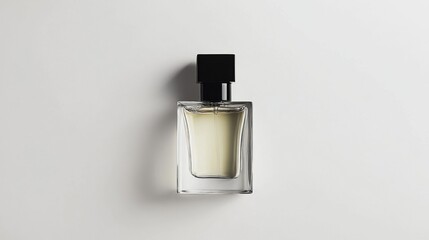 A modern minimalist perfume bottle, rectangular in shape with transparent glass, featuring a sleek black cap and elegant typography, on a white background.