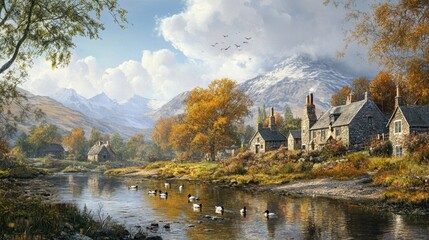 Fototapeta premium A peaceful village scene with a cluster of riverside homes, ducks swimming in the river, and mountains in the distance.