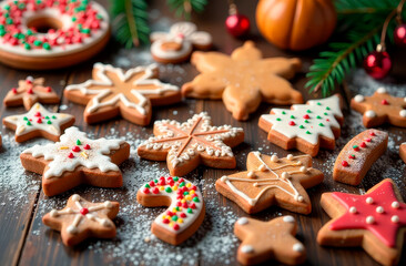 Festive plate with gingerbread cookies, beautifully decorated with icing, sugar and sprinkles. Perfect for a festive feast in a winter setting. Food photo of ginger cookies for advertising.