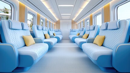 Modern train car interior, coastal view, comfortable seating, travel