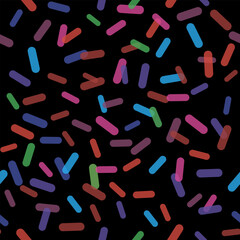 Pills or bacteria colorful seamless pattern. Transparent overlay chaotic geometric objects on a black background. Medical theme texture.