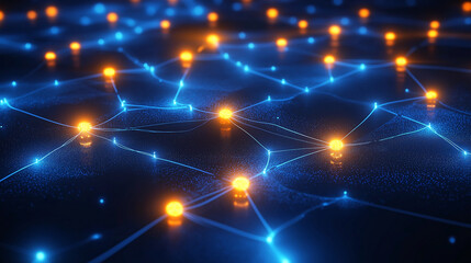 Obraz premium Futuristic Digital Network Glowing Nodes on a Blue Background