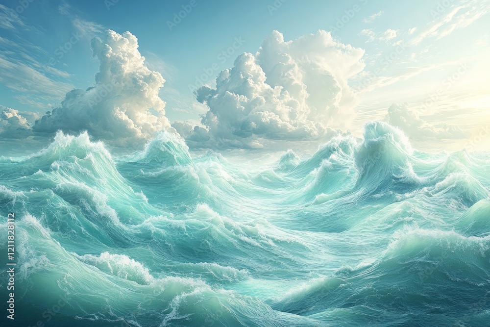 Aufkleber majestic ocean waves crash under a bright sky with fluffy clouds during a peaceful afternoon