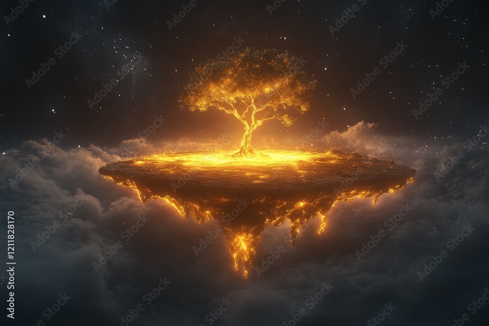 Poster mystical floating island with a glowing tree above a cosmic landscape at night