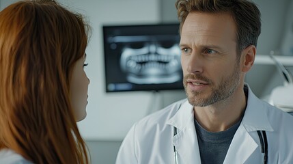 A dynamic scene of a dentist consulting with a patient, emphasizing empathy and professionalism