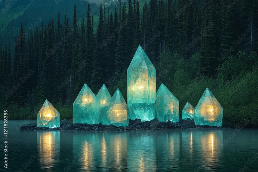Poster magical crystal formations illuminated at dusk by a serene lake surrounded by towering pine trees
