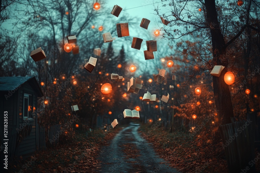 Aufkleber Mysterious pathway illuminated by floating books and lanterns at twilight in a forest setting