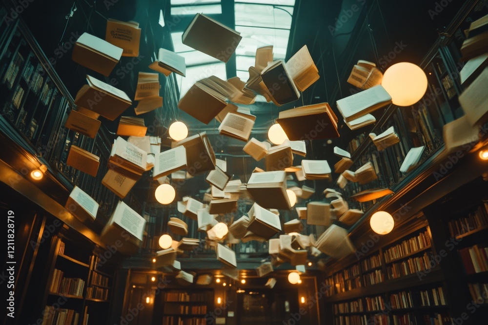Poster Enchanted library with floating books and glowing orbs creating a magical atmosphere