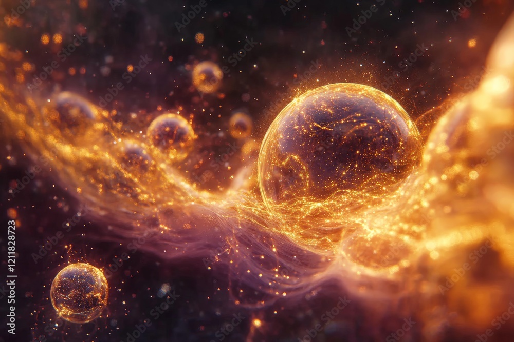 Aufkleber cosmic phenomena featuring glowing orbs and swirling gas in a vibrant universe at dusk