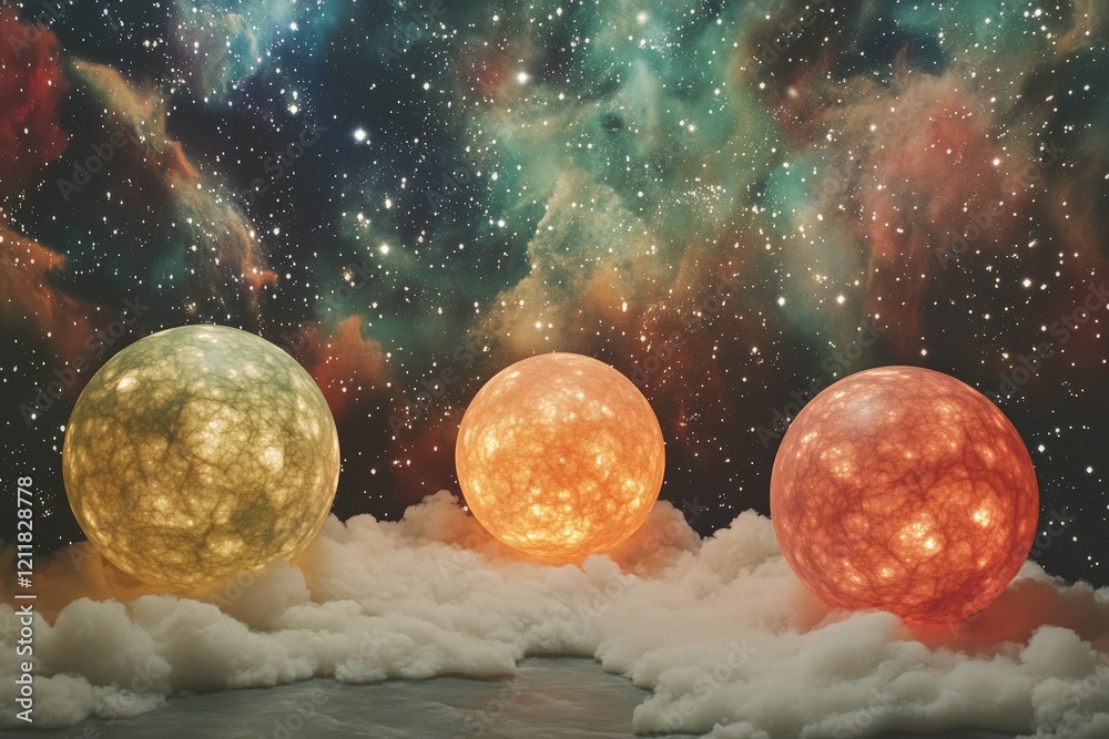 Poster vivid cosmic scene with three luminous spheres floating among colorful nebulae and clouds