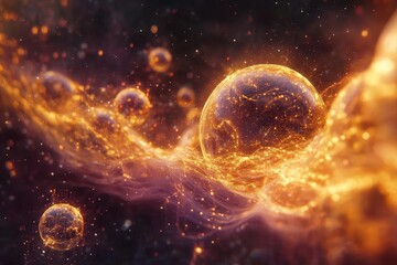 Cosmic phenomena featuring glowing orbs and swirling gas in a vibrant universe at dusk