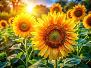 Obraz premium Sunflowers blaze, vibrant against lush green leaves; mouthwatering outdoor food photography.