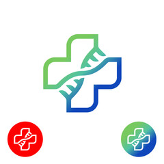 Blue, green, and red cross with a DNA strand in the middle. The DNA strand is blue and green, and it is positioned in the center of the cross. The cross is a symbol of medical care