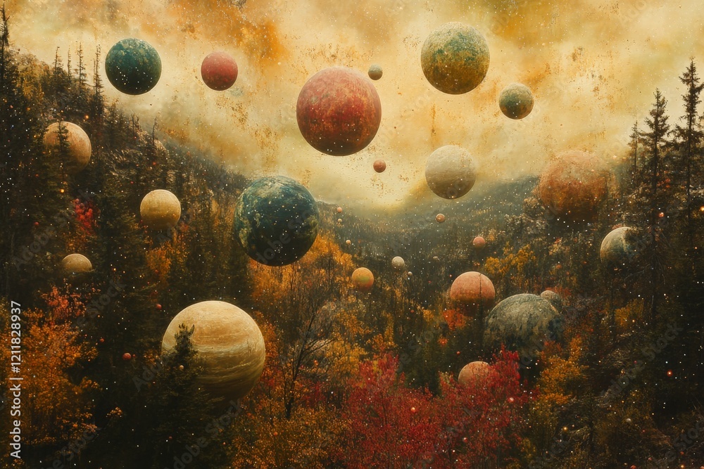 Poster colorful planets float above a serene forest landscape during autumn twilight