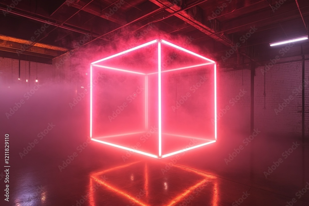 Poster Neon cube illuminated in a dimly lit industrial space creates an enigmatic atmosphere with colorful reflections