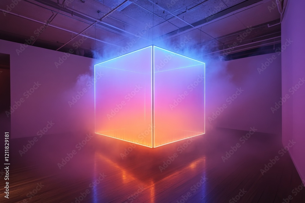 Leinwandbilder vibrant illuminated cube creates an immersive atmosphere in an art gallery setting during an evening