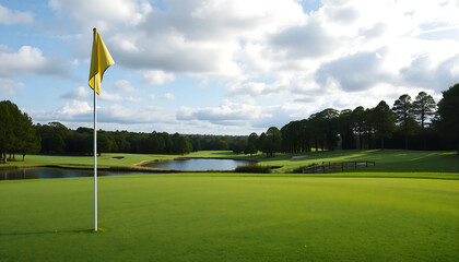 Obraz premium Golf course flag marking a putting green under blue sky with fluffy clouds in a tranquil landscape