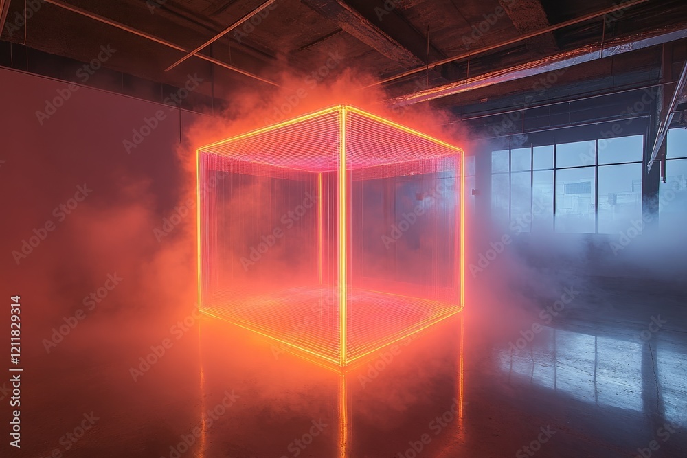Poster vibrant neon cube illuminated in a misty indoor space during an art installation