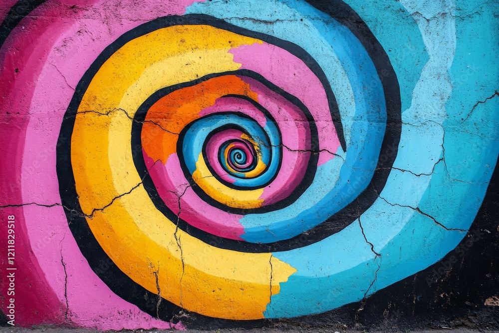 Aufkleber vibrant spiral mural on a textured wall showcasing colorful concentric patterns in a lively urban se