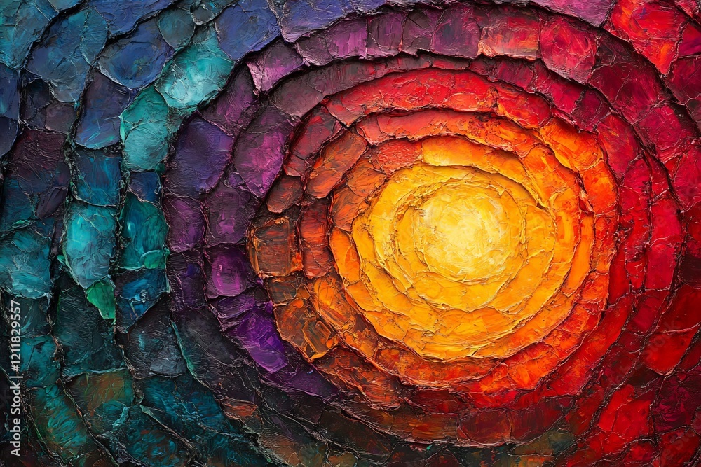 Poster Colorful swirling patterns radiate warmth and light in a vibrant abstract artwork created with textured paint