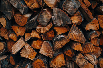 Processed image of pile of chopped fire wood prepared for winter. Firewood dry chopped background