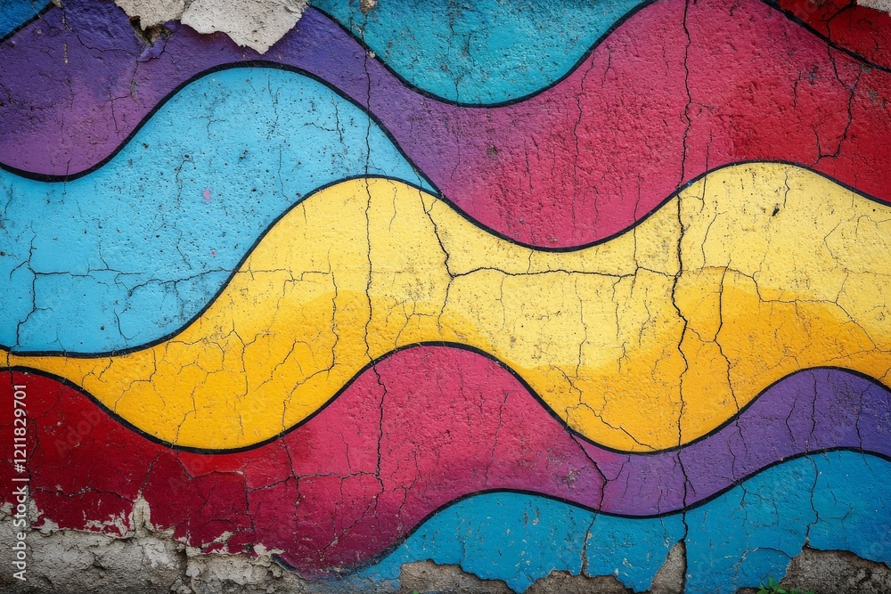 Poster colorful abstract mural with wavy patterns on cracked wall in urban setting